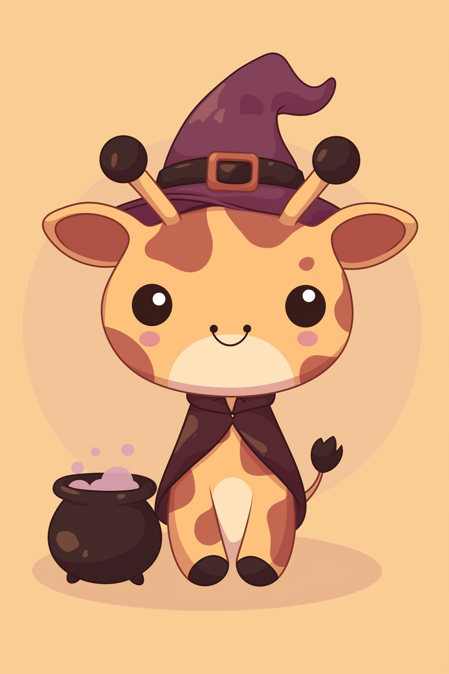 halloween cute animals drawings 2, featuring a giraffe dressed as a witch with a little cauldron.